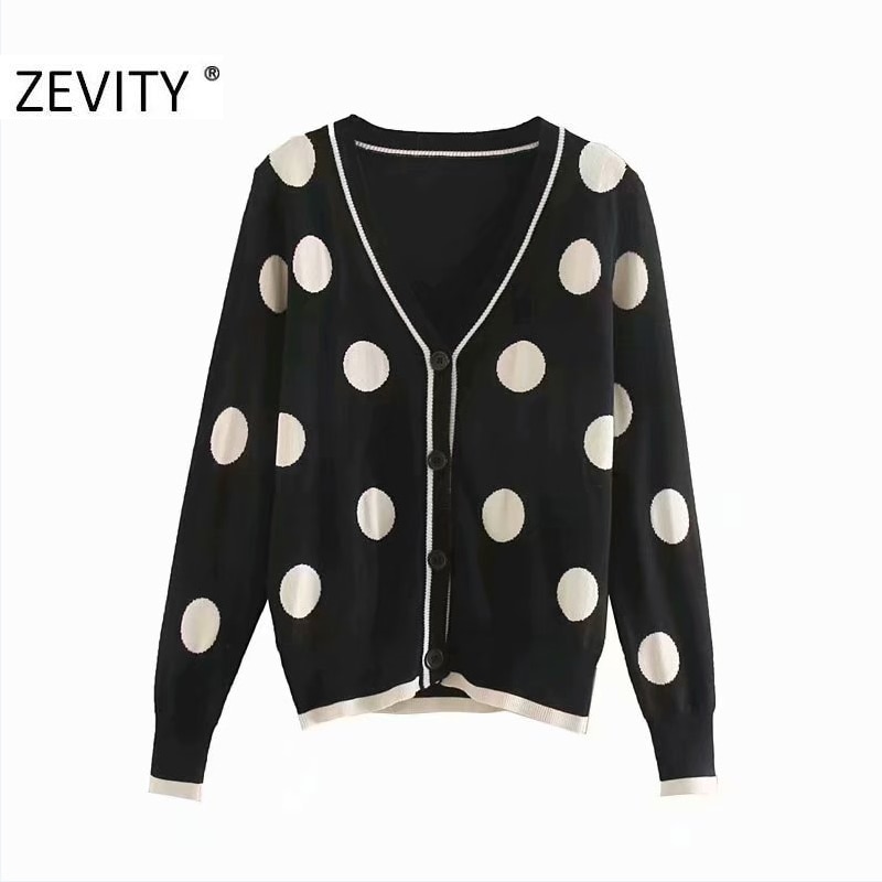 Zevity kvinnor vintage v-ringad prickig stickad tröja kvinnlig chic höst casual slim cardigan toppar  s443