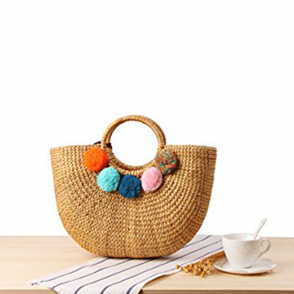 Dcos-Womens Vintage Stro Geweven Handtassen Casual Strand Grote Tassen Met Ronde Handgreep Ring(Hairball)