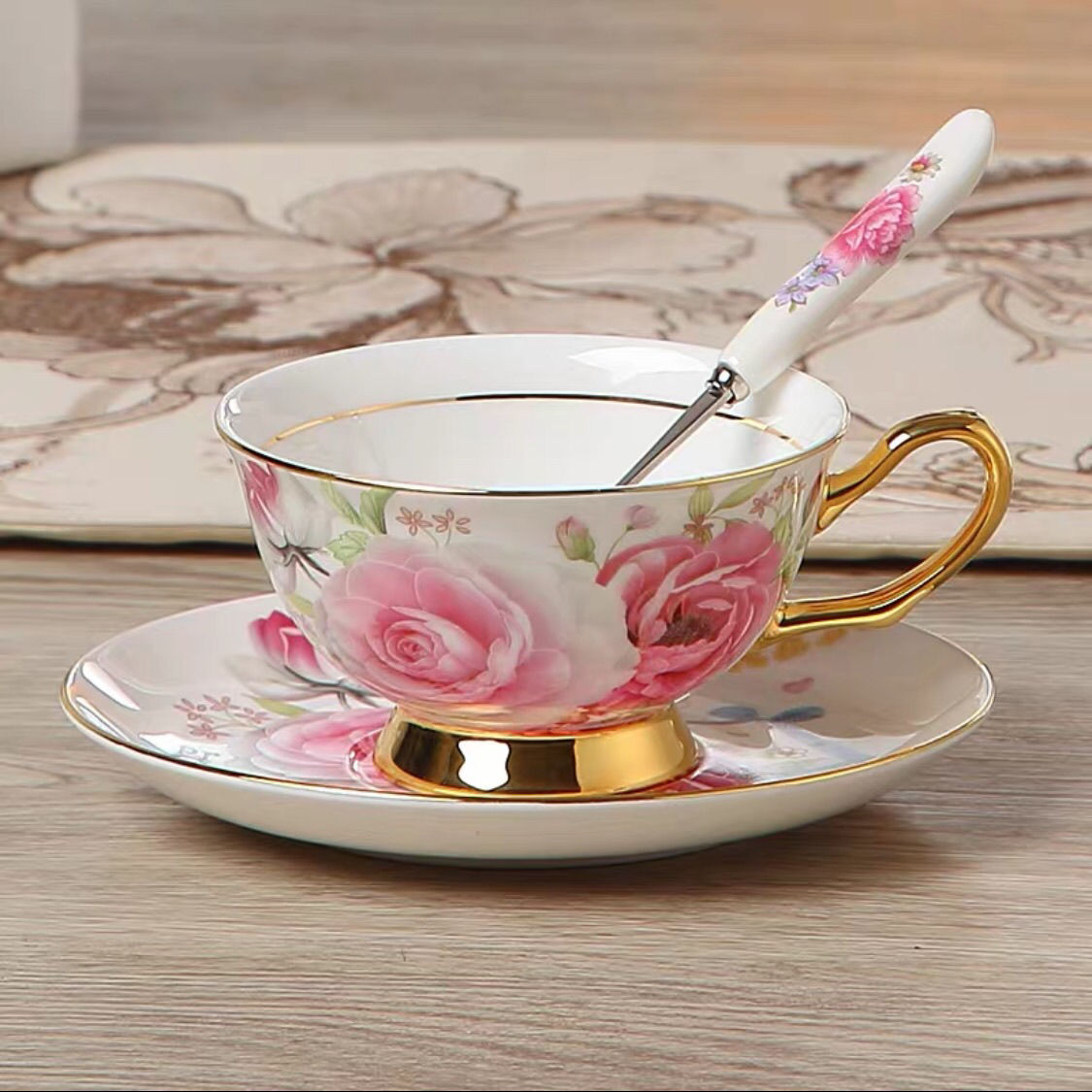 Europe Noble Bone China Coffee Cup Saucer Spoon Set 200ml Luxury Ceramic Mug Top-grade Porcelain Tea Cup Cafe Party Drinkware