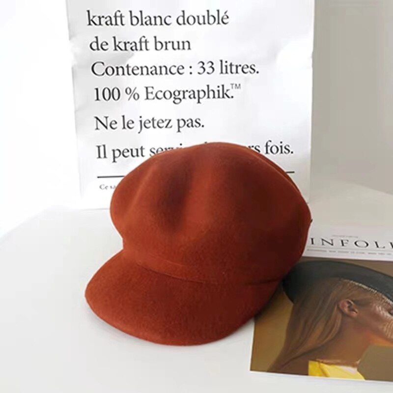 Tomkhu 100%  ullfilt vinter hestelue fast varmere kvinner beanies lokk klassisk fransk stil beret femme beanies damer lokk: Murstein rød