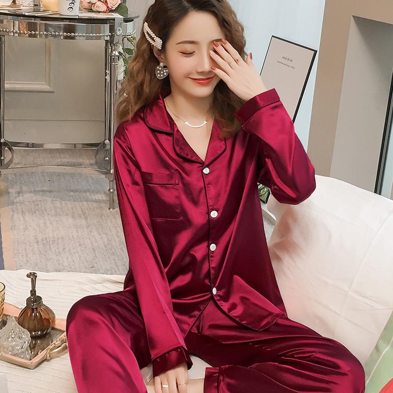 Pyjamas sidenset för kvinnor ledig långärmad nattlinne tjejer söt nattkläder lyxiga hemkläder söt heminredning mujer: Röd / Xl