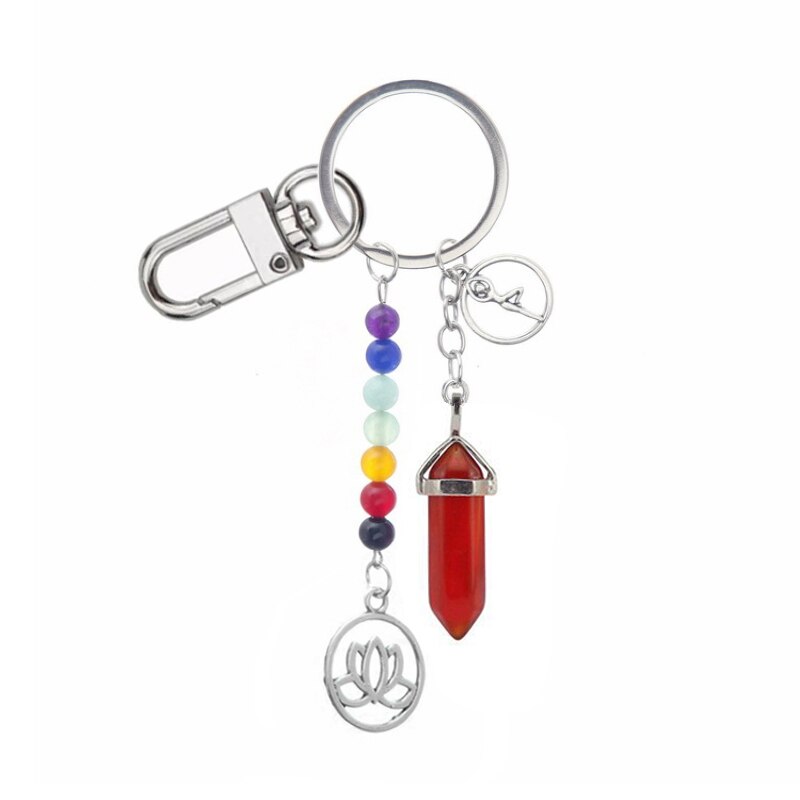 7 Chakra Energie Yoga Fitness Stenen Kralen Sleutelhanger Vrouwen Natuurlijke Zeshoekige Kolom Roze Steen Sleutelhanger Sieraden