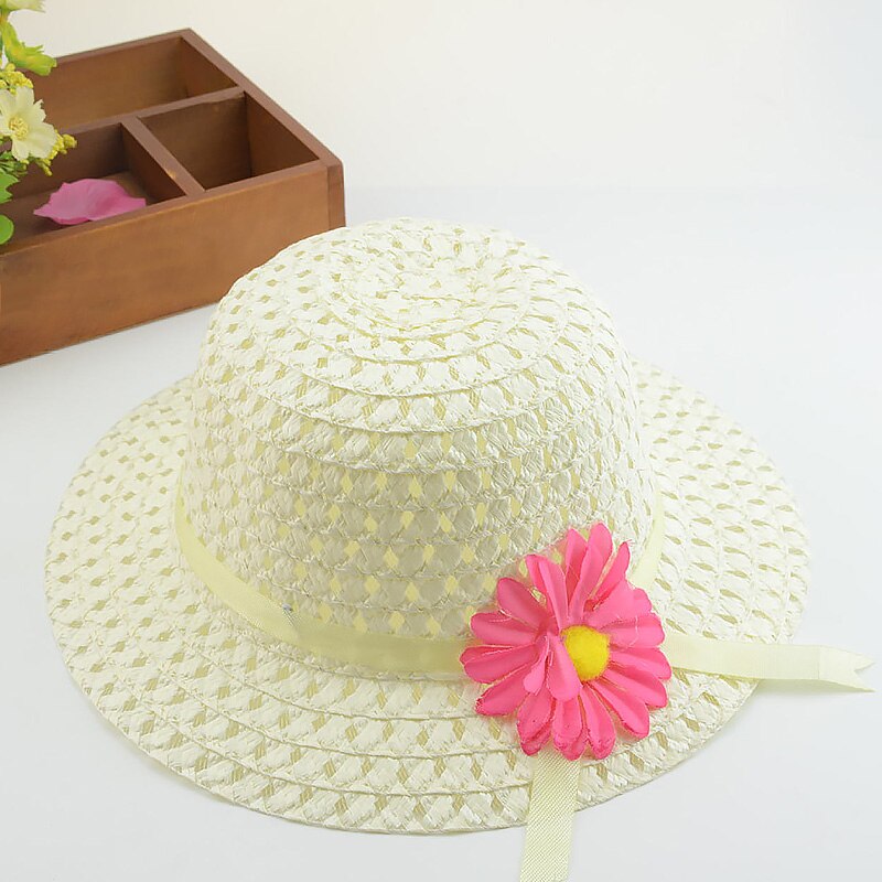 Straw Hat Summer Children Sun Flower Solid Color Lace Sun Hat Kids Sweet Bonnets Girl Beach Travel Hat Cap With Woven Basket: 07