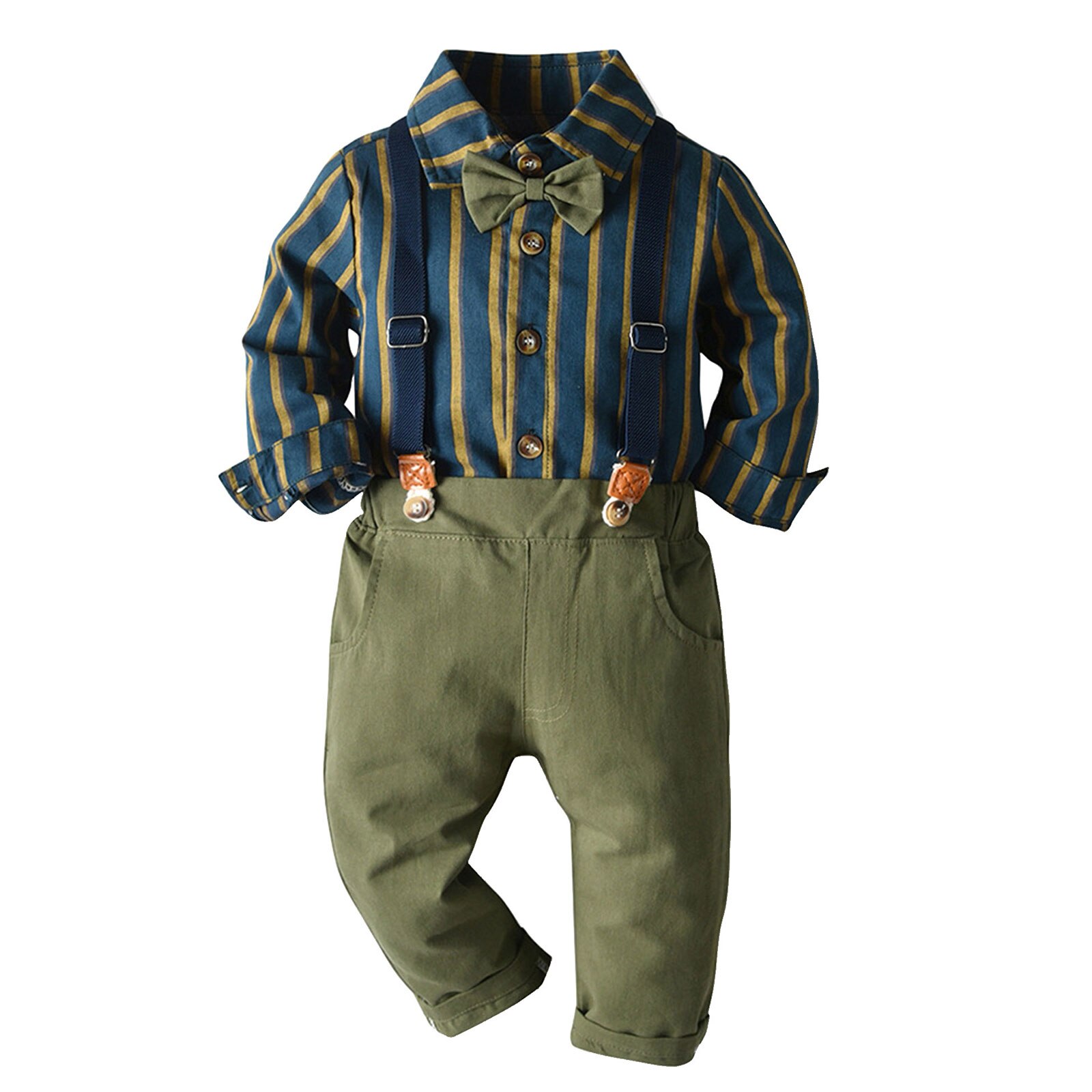 Kleinkind Baby Junge Outfit Lange Ärmel Revers Gestreiften Hemd Hosenträger Hosen Gentleman Anzug für Jungen freundlicher Party Kostüm setzt: Olive Grün / 100cm