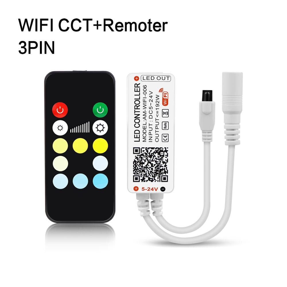Dc5v 12v 24v bluetooth wifi rgb controller tuya/smart life app kontrol rgb/rgbw/rgb+cct fjernbetjening til smd 5050 led strip lys: Wifi cct 3 pin ir