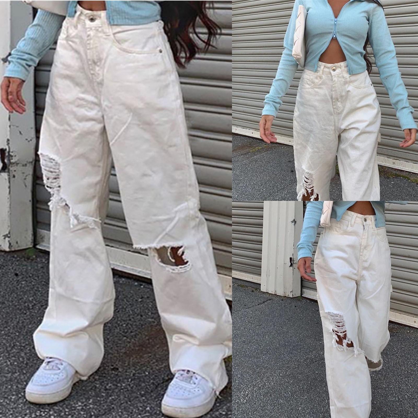 Taille mi copain ample détruit femme classique trou Baggy jean blanc femme Vintage pantalon jean large