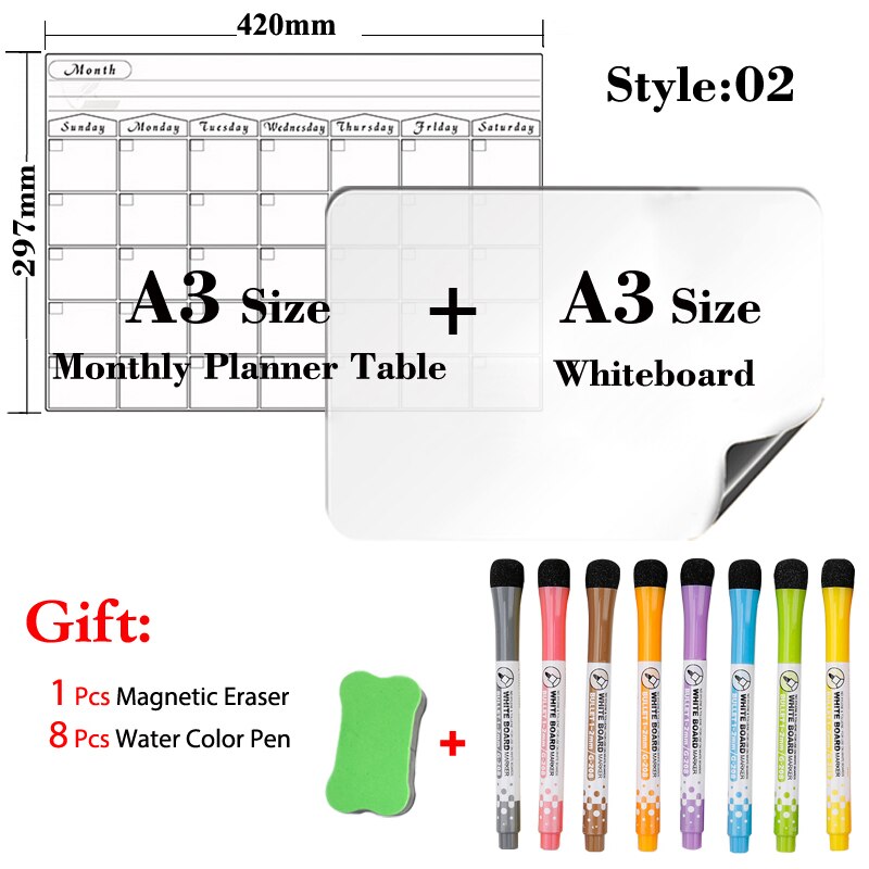 Tør-slet magnetisk månedskalender til køkkenkøleskab og magnetisk tavlekalender  a3 størrelse 297mm x 420mm whiteboard: Jhb 02-a3-8 pen 1 slet