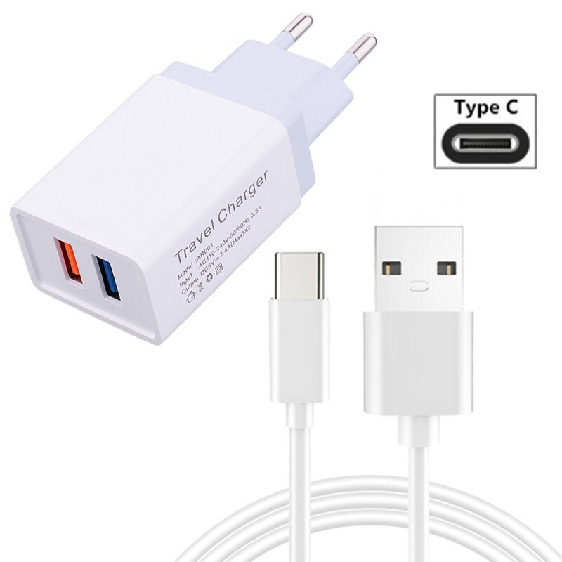 For OPPO Realme X2 Pro XT 5 6 Pro 3 X50 C2 F11 Pro A9 A5 A52 Reno 3 2 Z K1 A1K Dual Ports Wall Charger Charging USB Cable: EU Plug Type C Cable