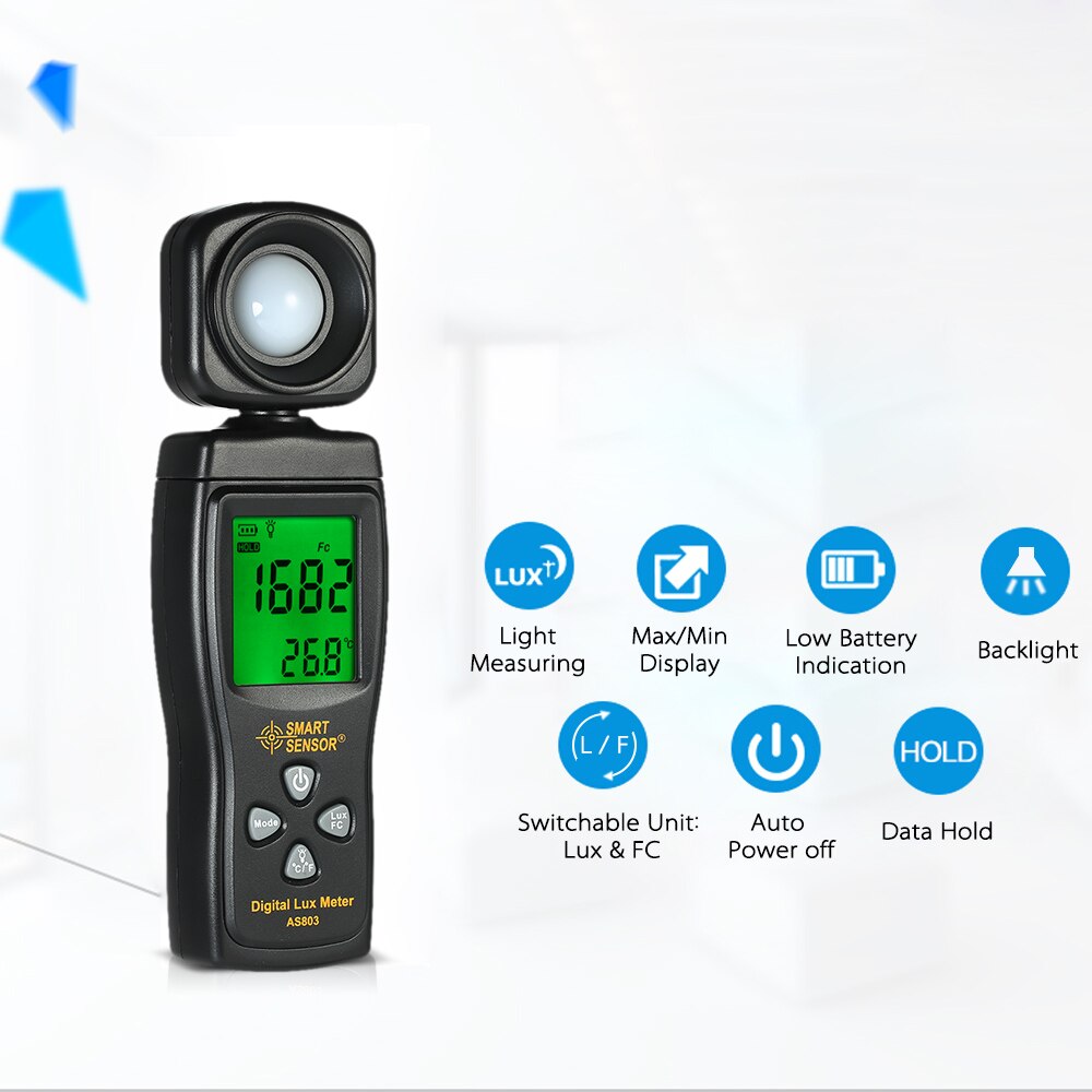 SMART SENSOR Mini Digital Lux Meter LCD Display Handheld Illuminometer Luminometer Photometer Luxmeter Light Meter 0-200000 Lux