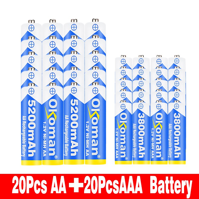 Okoman High capacity 5200mAh NI MH AA Rechargeable Batteries+AAA battery 3800 mAh Rechageable battery NI-MH 1.2 V AAA battery: Green