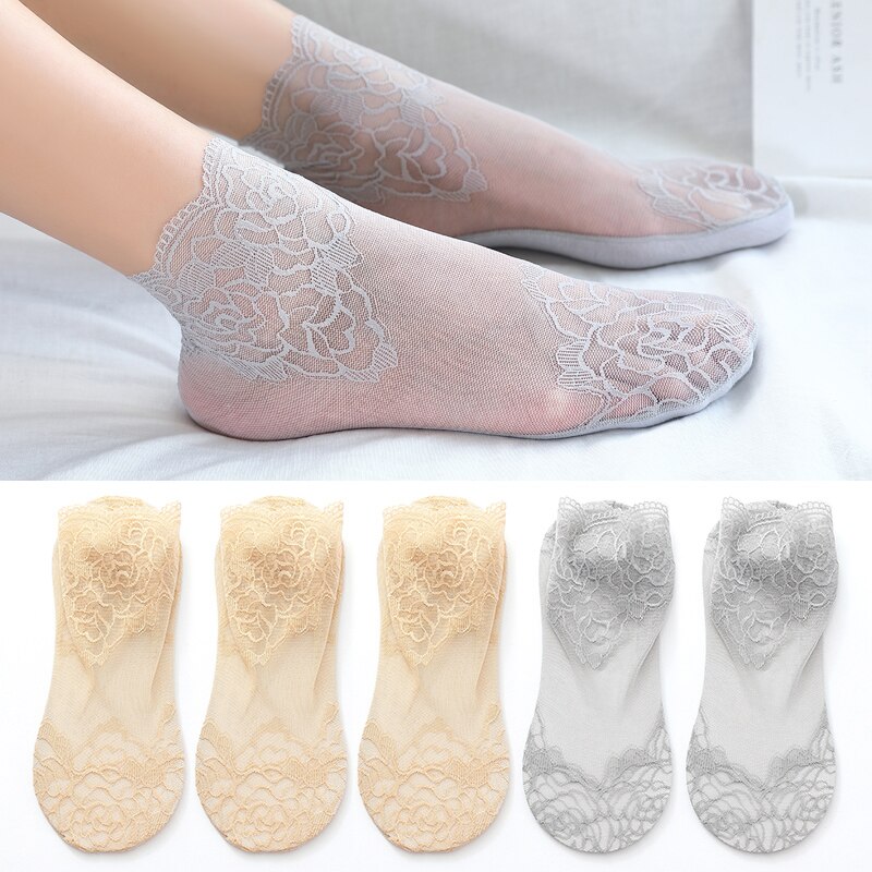 Calcetines tobilleros invisibles antideslizantes para mujer y niña, medias de malla de encaje con flores, elásticas, ultrafinas, 5 pares: 3Skin 2Grey