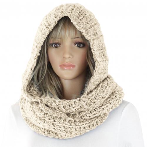 Autumn Winter Women Outdoor Thick Warm Keeping Solid Color Knitted Hooded scarves women: Beige
