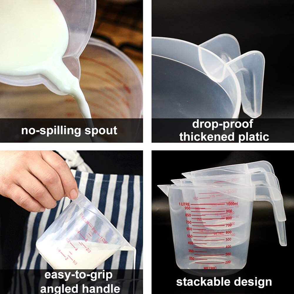 3Pcs Plastic Measuring Cup Jug Spout Surface Kitchen Measure Cup with Graduated Liquid Liquid Measure Container 250/500/1000ML