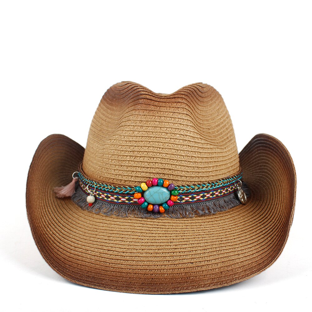 Chapeau de Cowboy occidental pour femmes, paille d&#39;été, style bohème, pour plage, Cowboy Jazz, taille 57-59CM