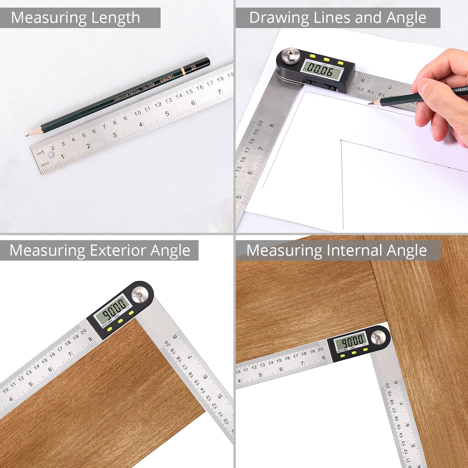 Neoteck 8inch Digital protractor Angle ruler 200mm 8inch angle Finder Meter Stainless Steel Finder Digital Depth Gauge set