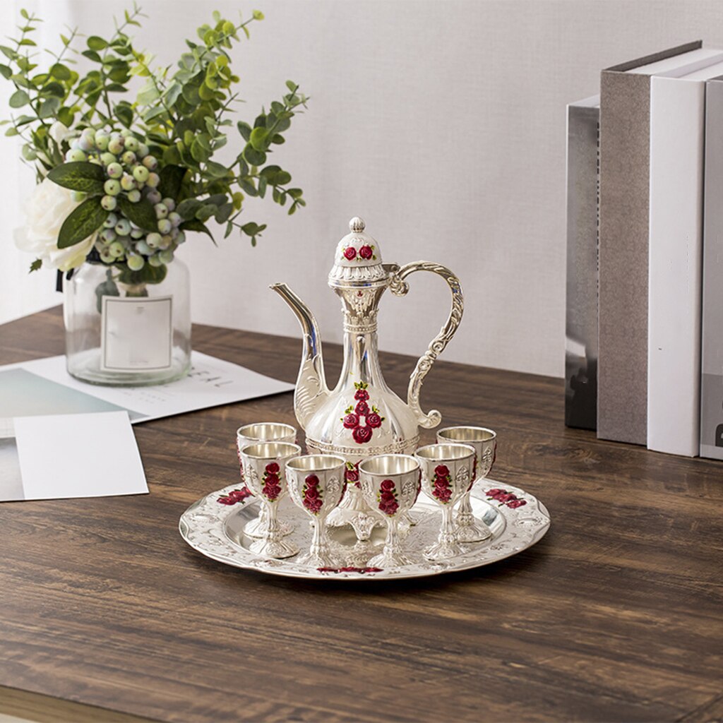 1 Set European Wine Set Home Wedding Drinkware Metal Hip Flask Set Ornaments Retro Palace Wine Cups Wine Pot Bottle Serving Tray: Silver Red Rose