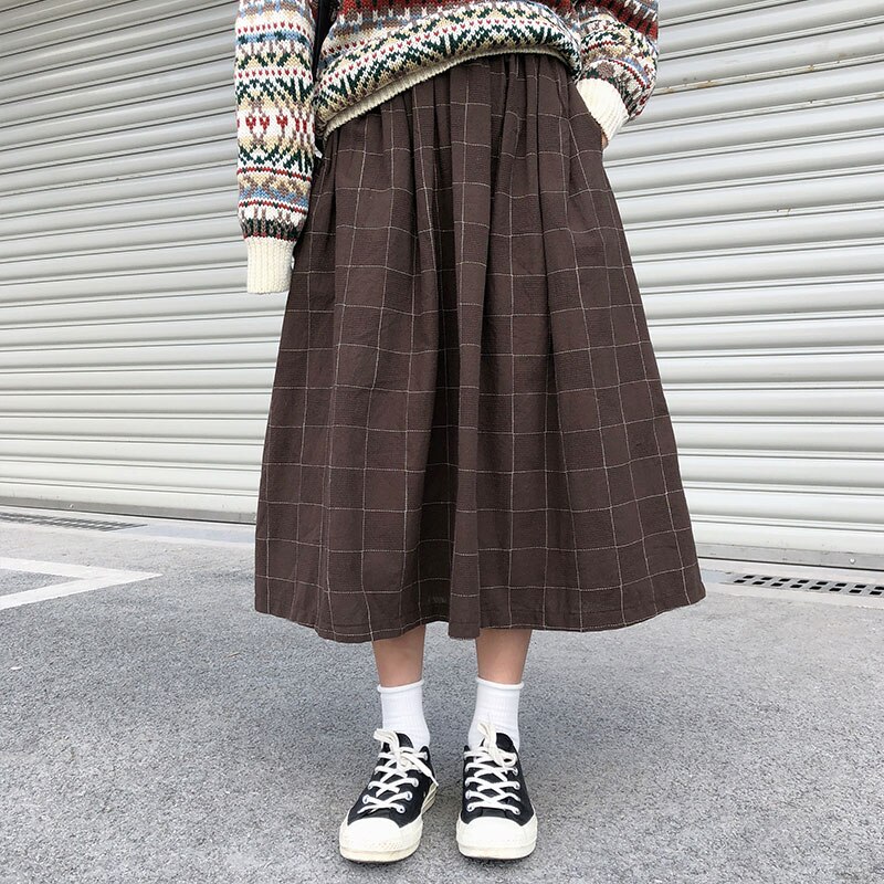 2 farben japanischen stil hohe elastische taille Lange Röcke Frau herbst Winter Plaid A-linie plissee Röcke frauen (X1078)