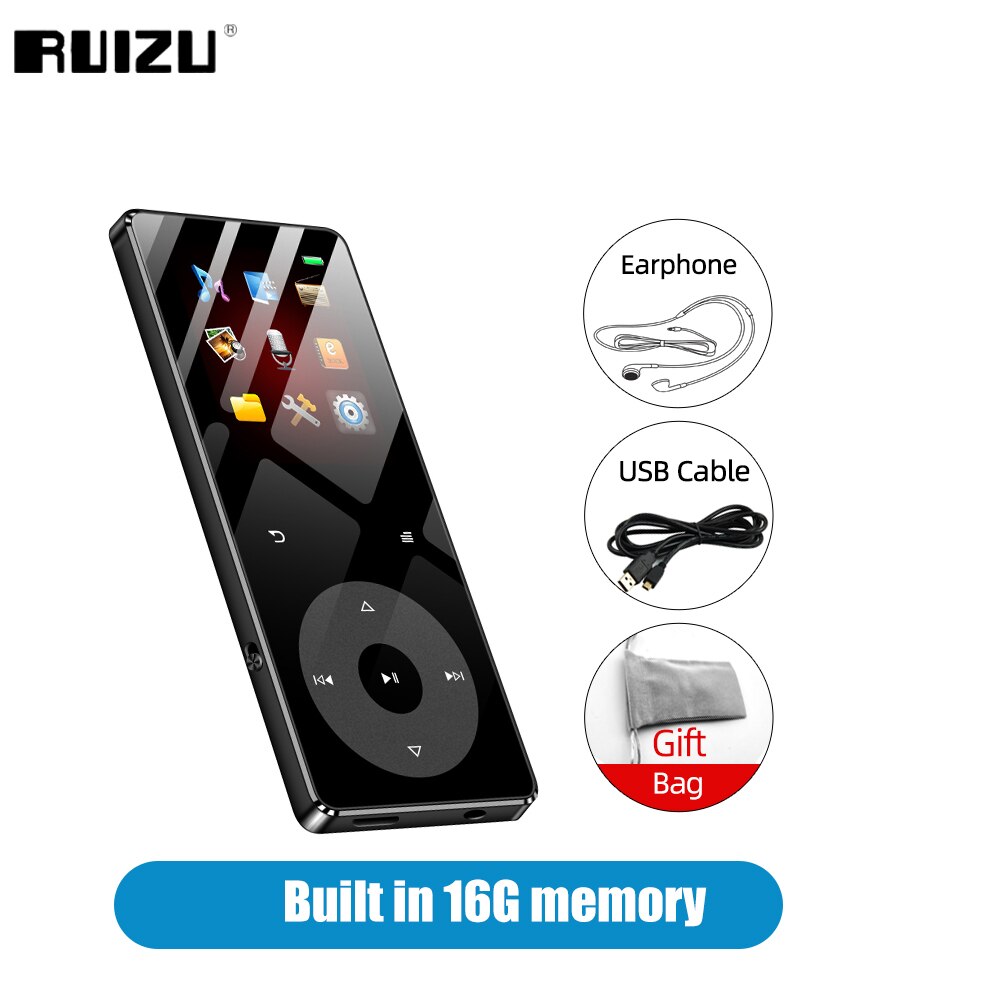 RUIZU – lecteur MP3 Hifi à écran tactile X02B, avec Bluetooth 5.0, haut-parleur intégré, Support de carte TF, Radio vidéo, enregistrement, Ebook: 16G Black