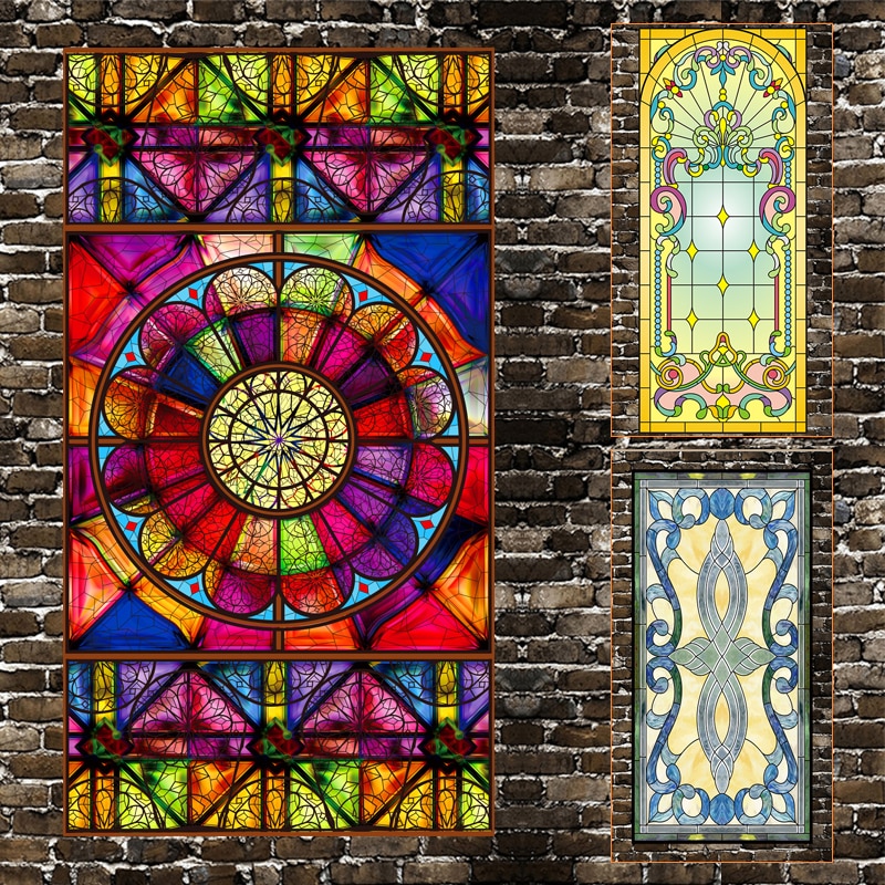 Europese Retro Kerk Geschilderd Elektrostatische Frosted Stained Glass Window Film Pvc Zelfklevende Kerk Home Folie Stickers