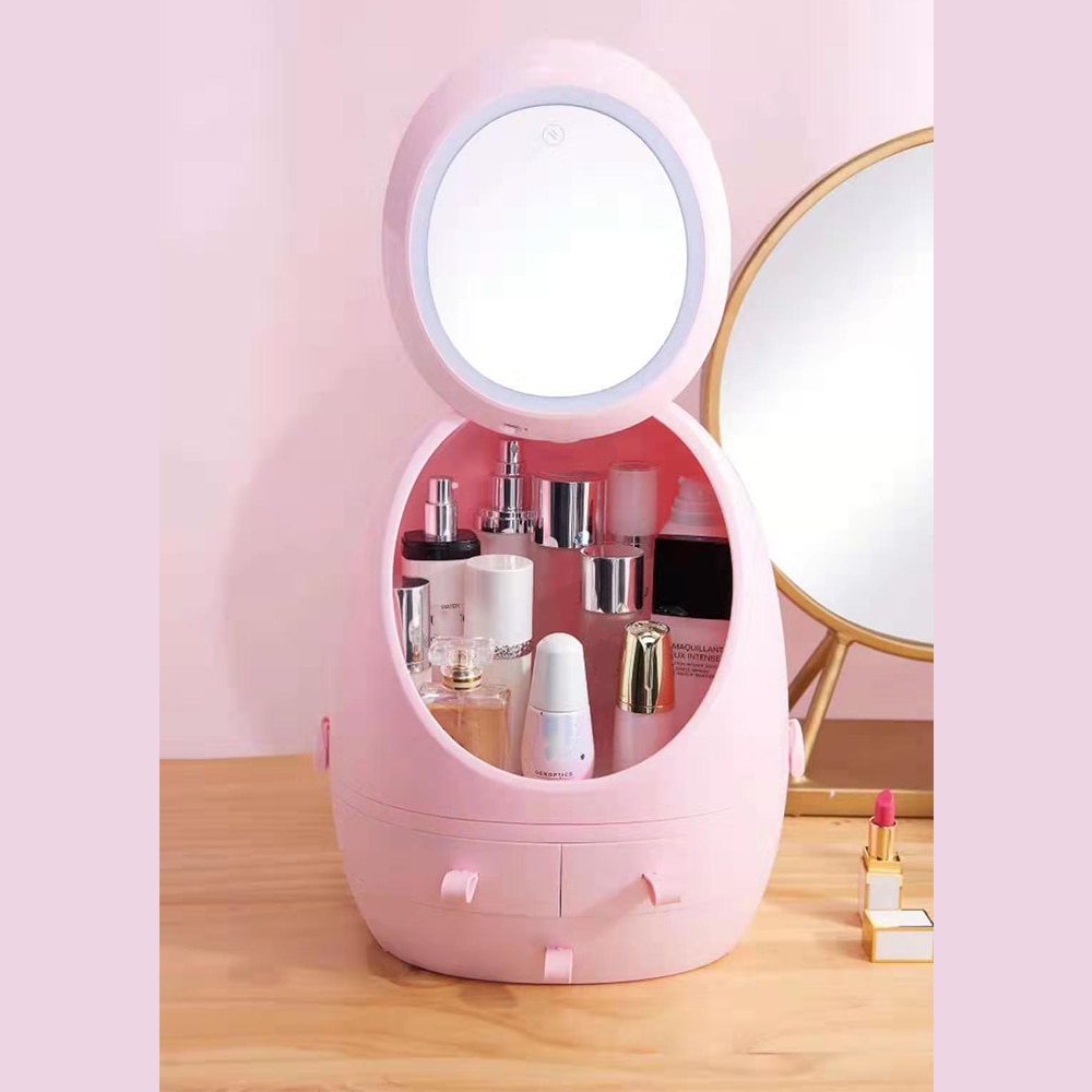 Makeup Organizer Cosmetic Storage Box With LED light Jewelry Container Dust proof Drawer Waterproof Vanity mirror USB Charging