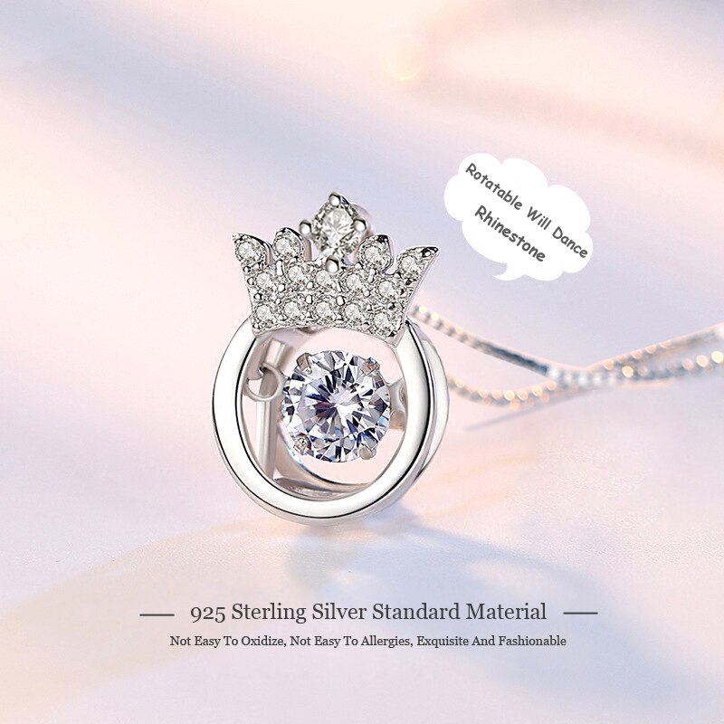 New Fashion 925 Sterling Silver Crown Round Pendant Necklace ruotabile ballerà strass Charm collane regalo gioielli donna