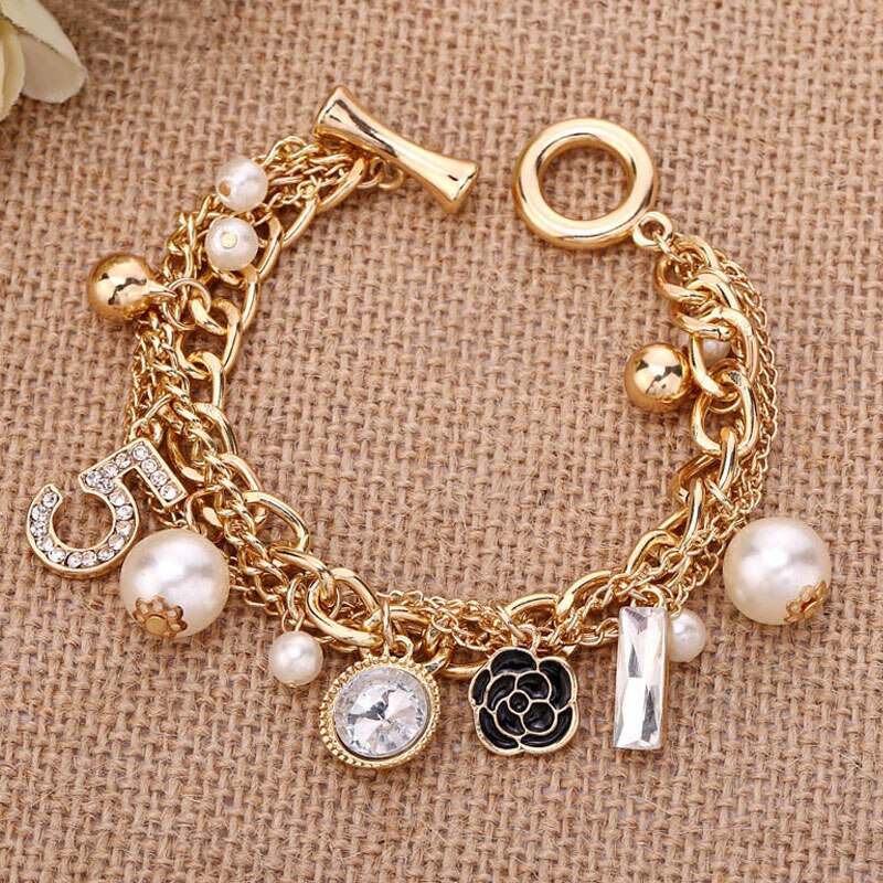 Korean Multilayer Pearl Bracelet Flower Number 5 Pendant Jewelry Luxury Woman Accessories