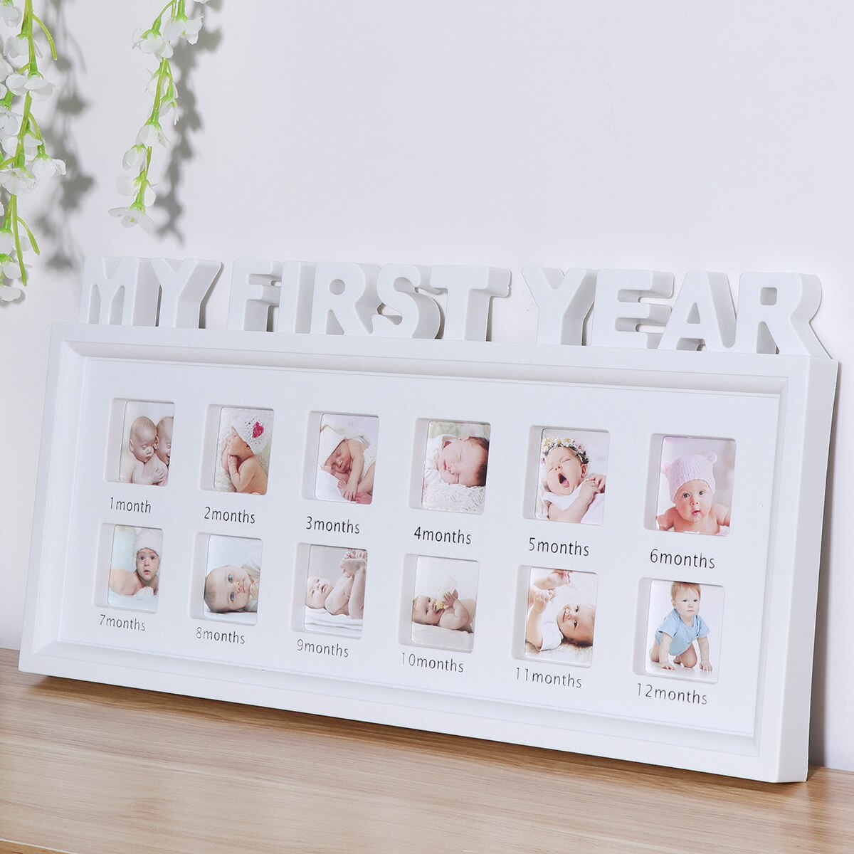 Unique Style My First Year Photo Moments Baby Keepsake Frame Photo Collage Holds Infant Photographs 41x20cm (White)