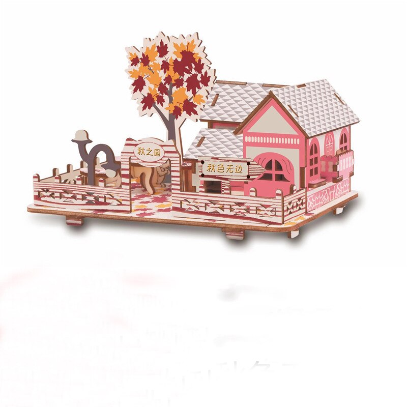 Wooden 3D three-dimensional handmade diy wooden puzzle cottage model children's toys: Gold