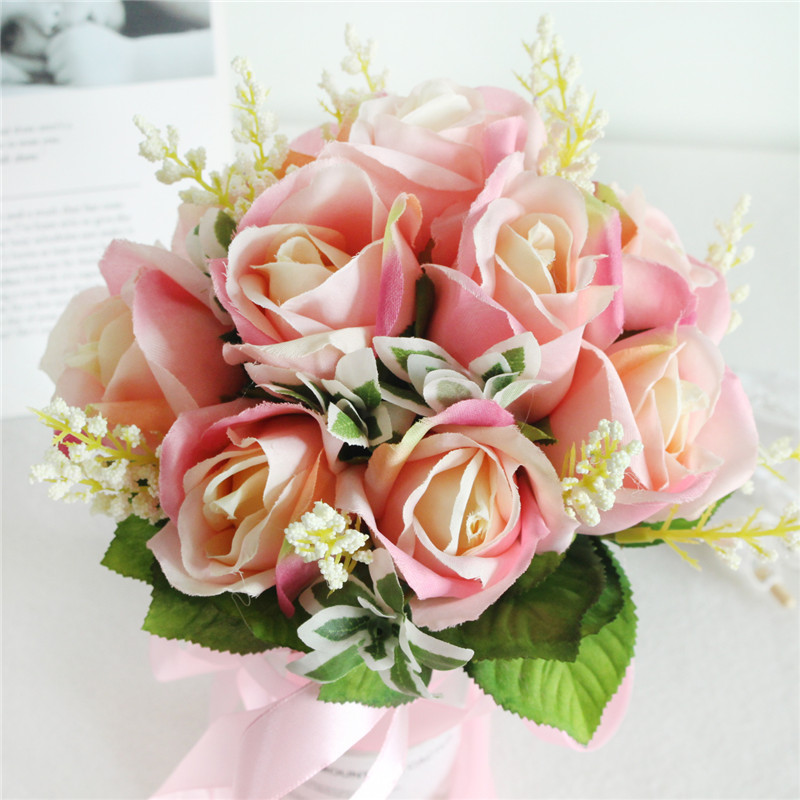Brautstrauß aus seidenrosen für brautjungfern, weiße und rosa künstliche blumen, hochzeitsartikel, heimdekoration