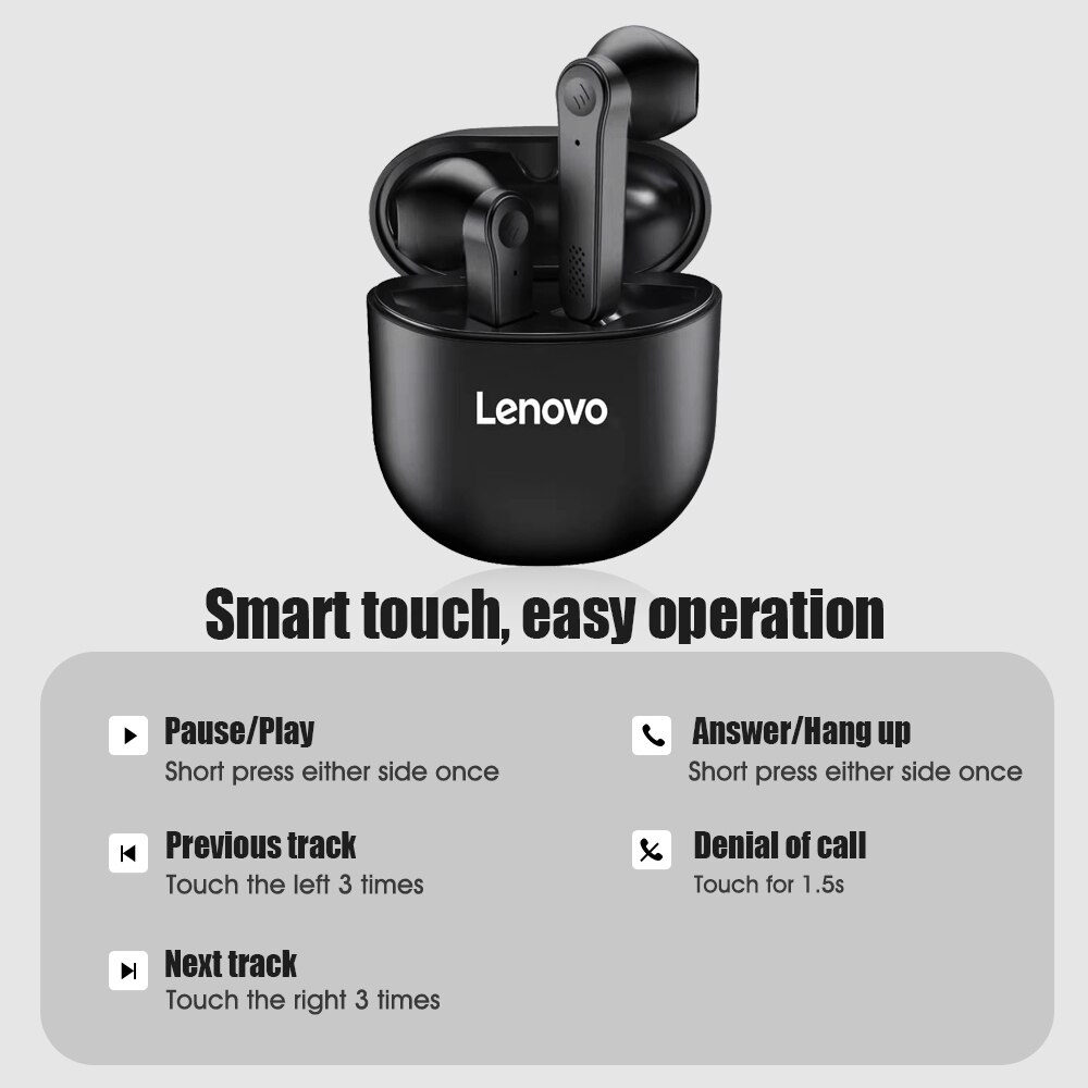 Lenovo PD1 Bluetooth 5.0 Earphones TWS Wireless Headphone Touch Control Semi-in-Ear Earbuds Stereo Bass Music Headset with Mic