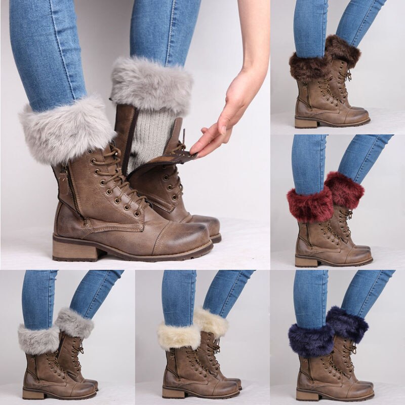 Women Winter Leg Warmers Lady Crochet Knit Fur Trim Leg Boot Socks Toppers Cuffs
