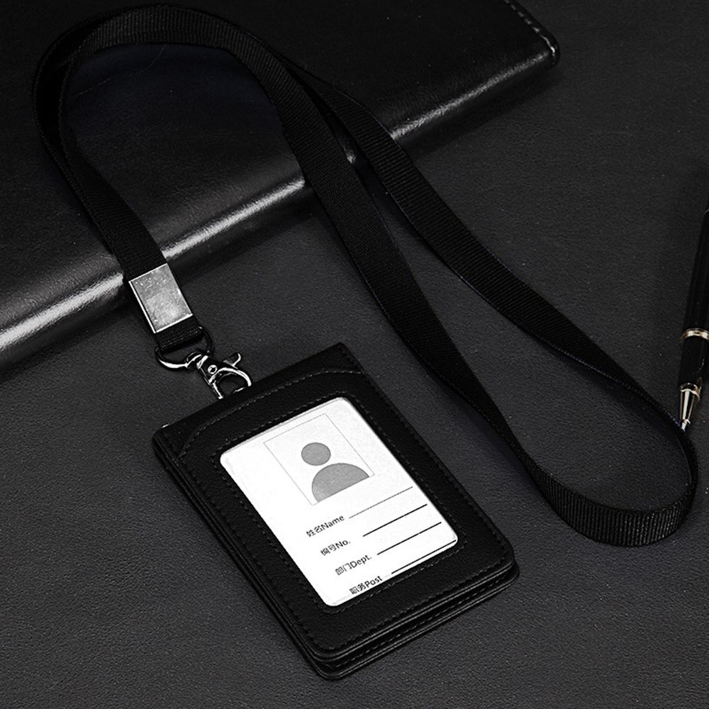 Leather Wallet Work Office Retractable Lanyard with Silica Gel Material ID Card Credit Card Badge Holder + Lanyard + 5 Slots: black