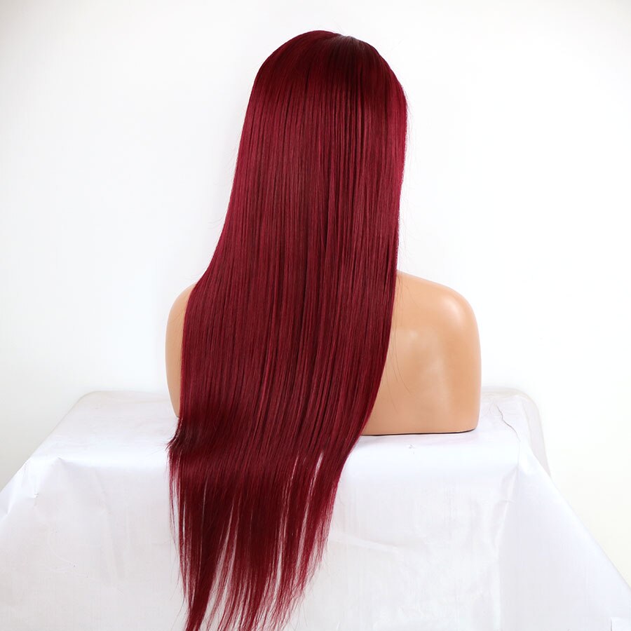 Long Deep Red Natural Straight Cosplay&Drag Queen Make Up Heat Resistant Fiber Hair Synthetic Lace Front Wigs for Women Daily