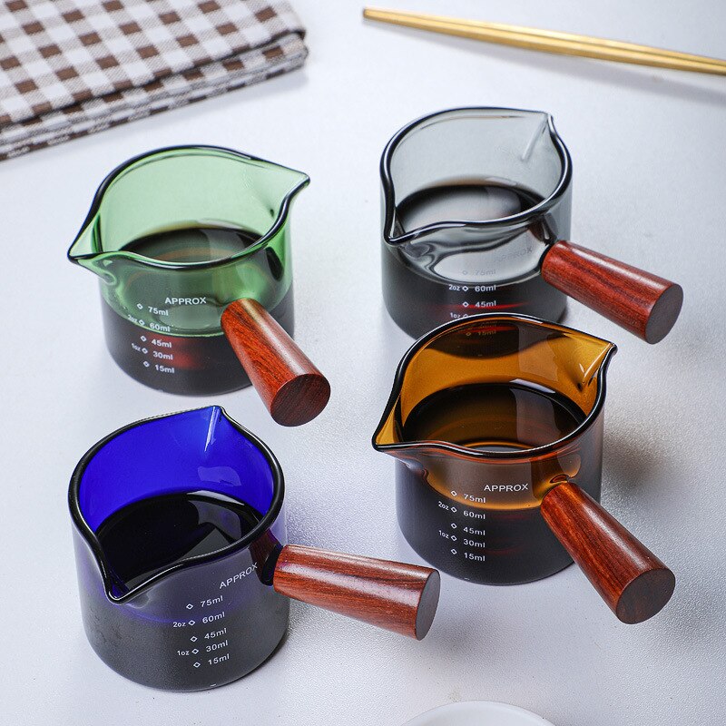 Stained Glass Wooden Handle Measuring Cup Espresso Glass Double Neck Bottle Milk Cup Wooden Handle Indexing
