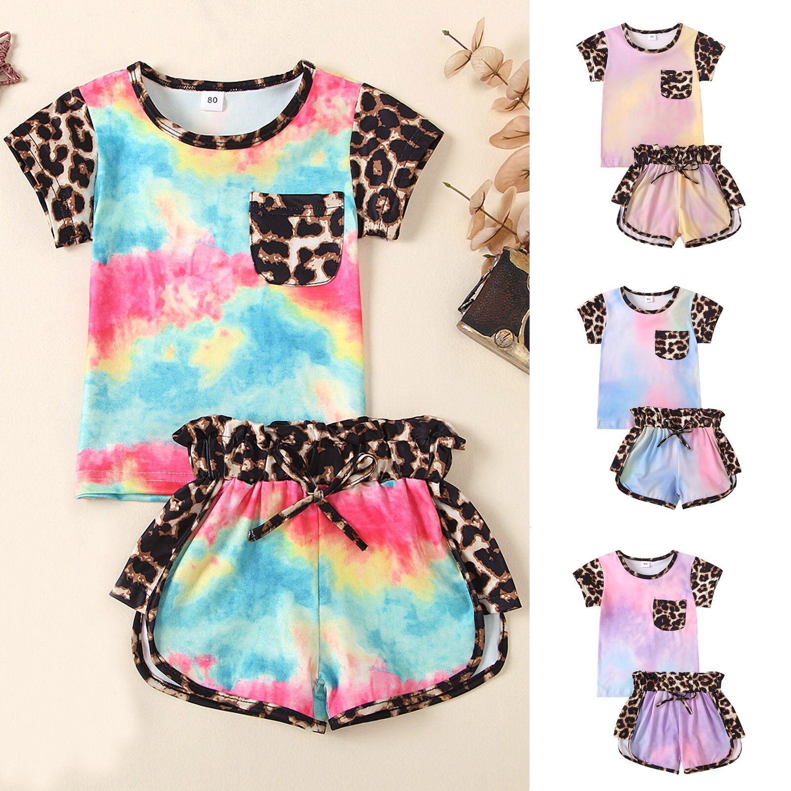Newborn Toddler Outfits Baby Girls Colorful Print Leopard Cute Two-piece T-shirts+shorts Pant Clothes Summer Casual Sets