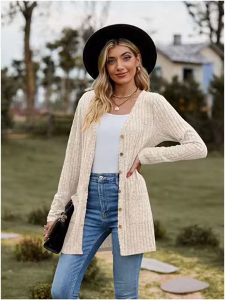 Abrigo de otoño de calle de versátil para citas Top a rayas de manga larga de Color sólido con botones para mujer: S / Beige