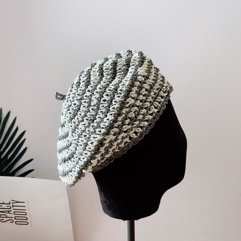 Japanse Zachte Handgemaakte Gras Gehaakte Baret Hoed Vrouwelijke Gemengde Kleur Wilde Schilder Hoed Eenvoudige Mode Achthoekige Hoed: black