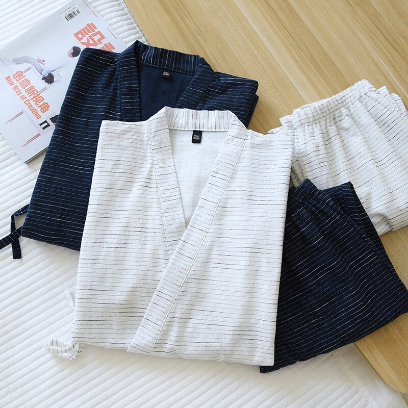 Kimono japonais deux pièces pour hommes, peignoir coton, pyjama Long deux pièces, Service à domicile, ensemble Robe, printemps et été 100%
