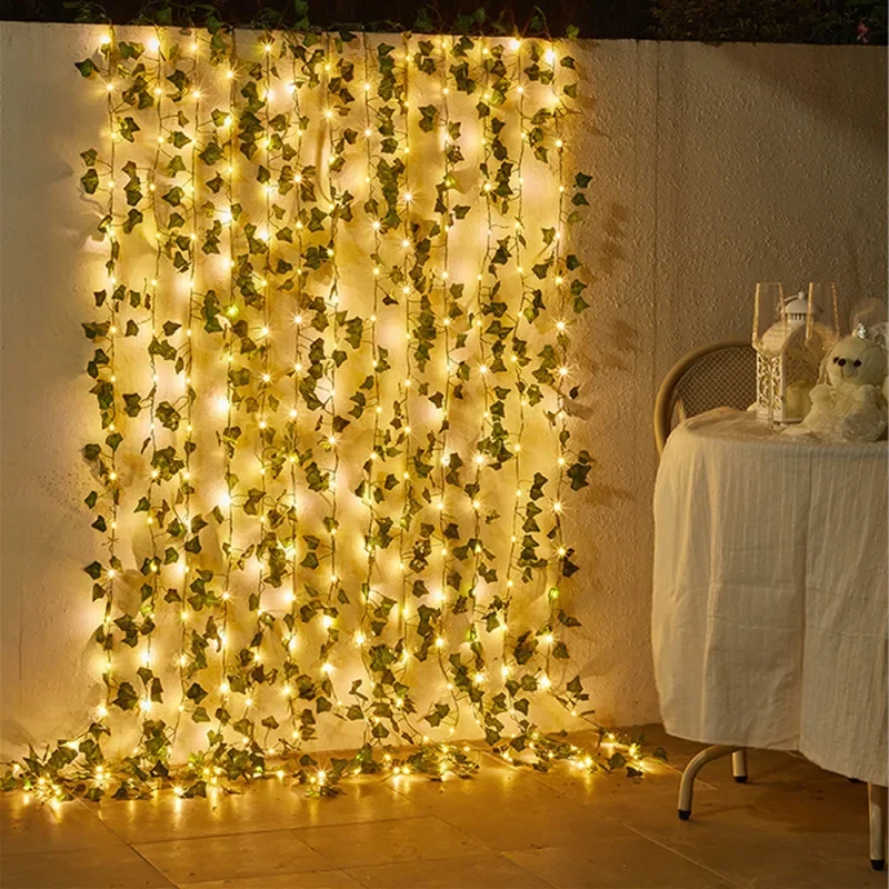 Guirnalda de luces de hojas verdes y flores, guirnaldas de vid artificiales con batería, guirnalda de árbol de Navidad, luz para deshierbe, decoración del hogar