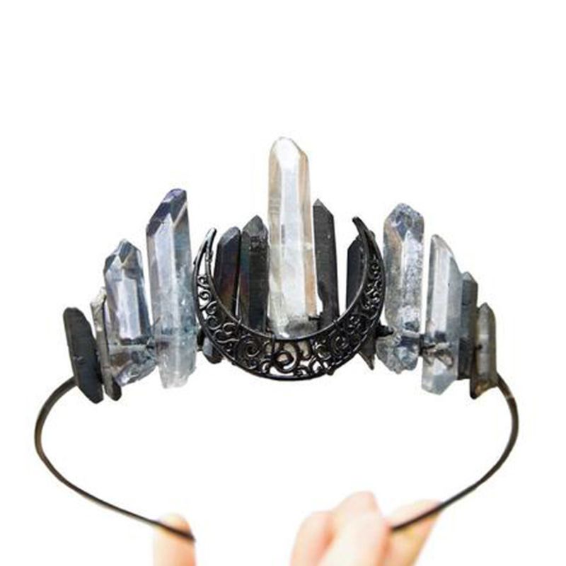 Handmade Faux Raw Crystal Headband Quartz Black Moon Bridal Alloy Tiara Crown Ladies Wedding Party Bridal Jewely Headdress