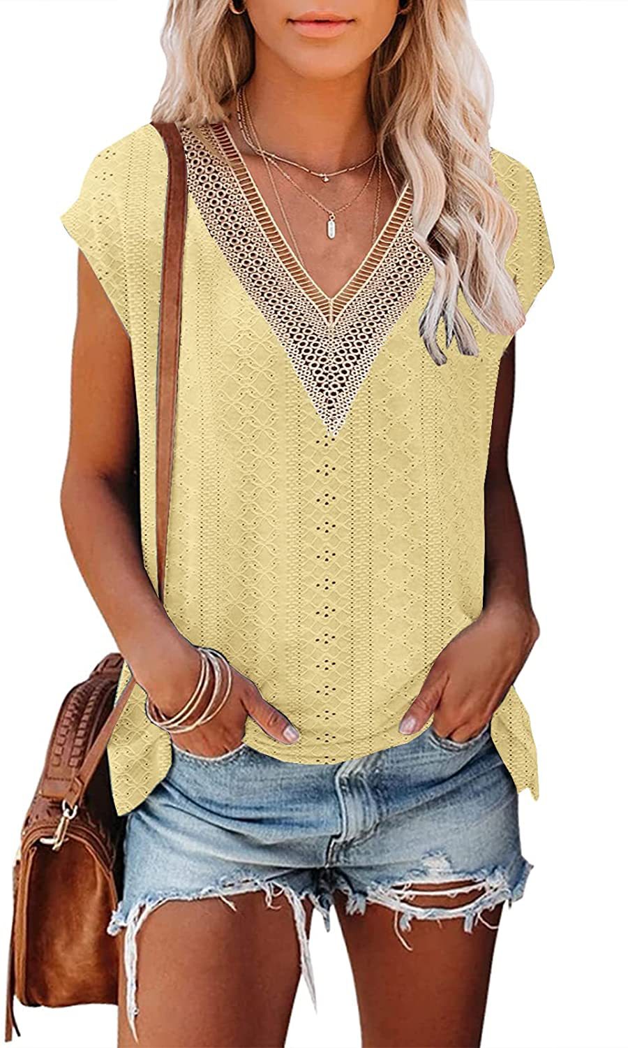 Yjkdyk dame sommertop kontrast t-shirt udhulet v-hals patchwork blonde t-shirt afslappet løs blød top kvinder: S / Gul