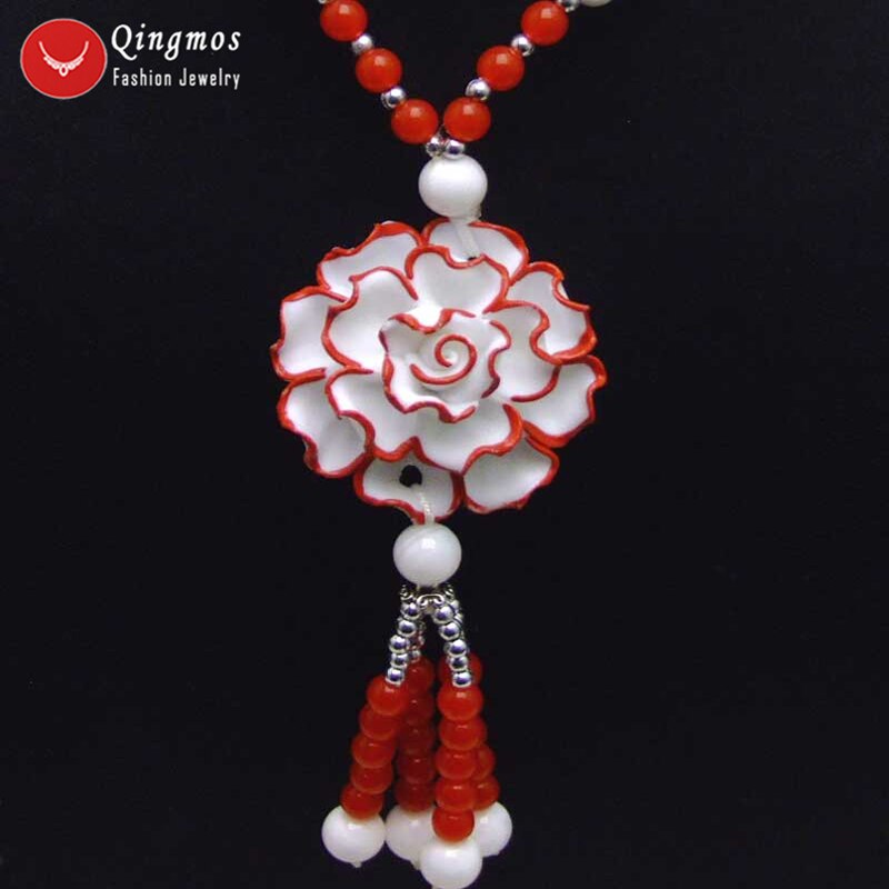 Qingmos 40Mm Blauw Keramiek Bloem Hanger Ketting Voor Vrouwen Tridacna Wit Shell Giant Clam Lange Ketting 26 &quot;trui: Red 1