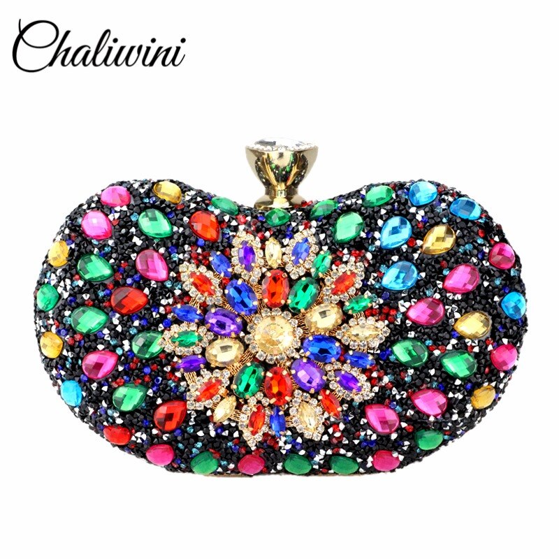 Chaliwini-Bolso de mano Floral de dos lados con diamantes de noche para mujer, bandolera de cristal múltiple, monedero de boda, cartera a juego: Black