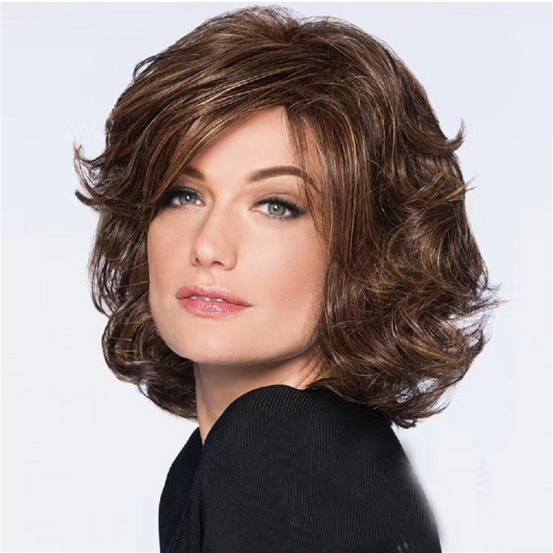 Ladies Short Brown Wavy Wig With Side Part Bangs Syhthetic Wig Nature Looking Daily Party Use For Women
