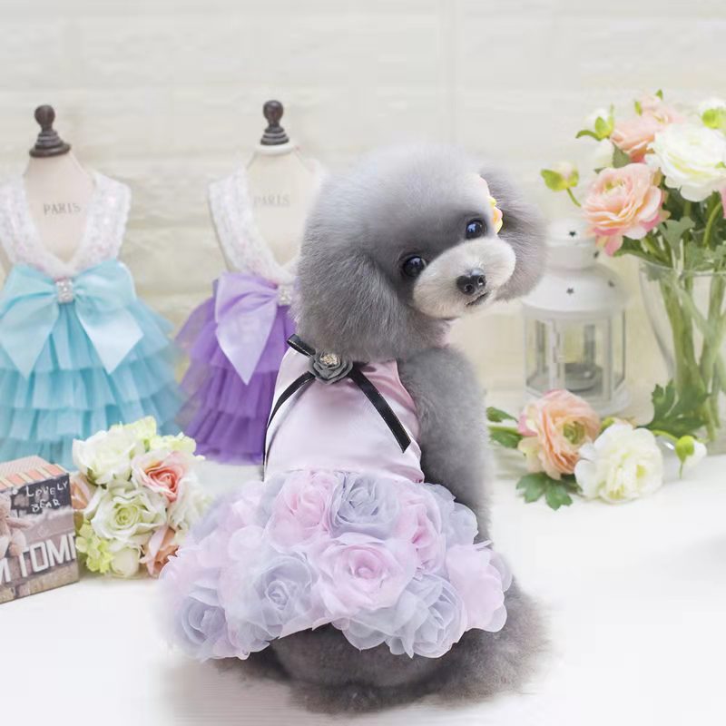Dog clothes summer thin rose dress for small dogs pet wedding dress dog short skirts vest teddy french bulldog Pomeranian: Purple / S