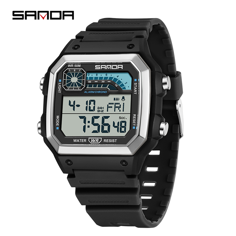 SANDA Outdoor Sport Elektronische Chronograph Uhr Männer Multifunktions Uhren Wecker Chrono Wasserdichte LED Digital armbanduhr: Kaffee