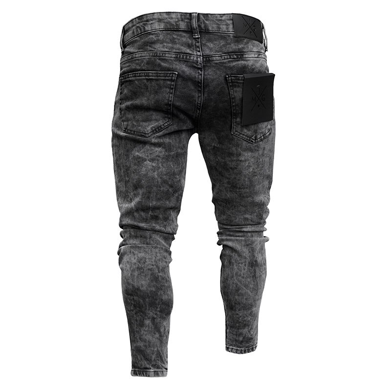 Sofie heren jeans met gaten, elastische europese heren hiphop gescheurde slanke jeans, broek met geborduurde kleine voetjes