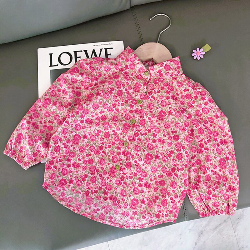 Forår efterår piger bluse baby skjorte børn toppe børn tøj rose blomster aop puf ærme skru ned krave 2 to 8 yr: 3t