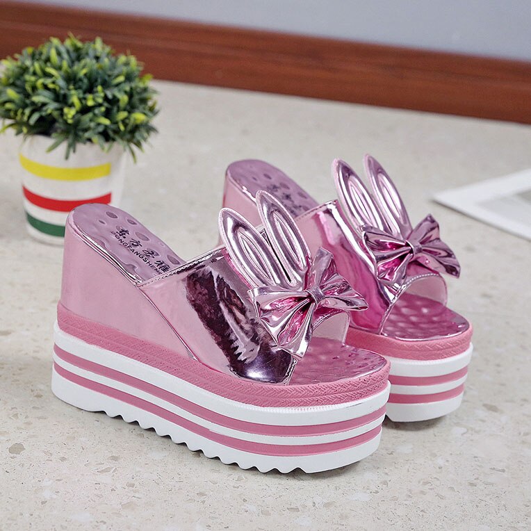 Sommer kvinder sko høj hæl 12cm platform hjemmesko afslappet udhulede sko damer kiler strandsandaler kvinder klipklapper: Lyserød / 8