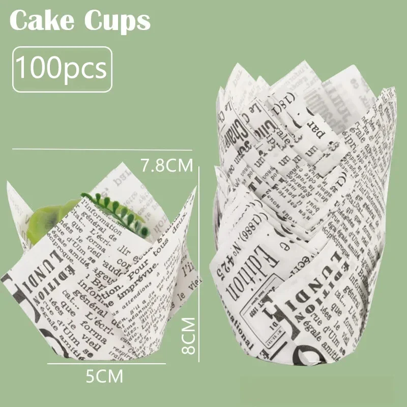 100 stk. tulipanforme til cupcakeforme, papirforme til muffins, cupcakepapir til fest, hjemmelavet kageform, bagepapir, værktøj, indpakningsetui: Multi